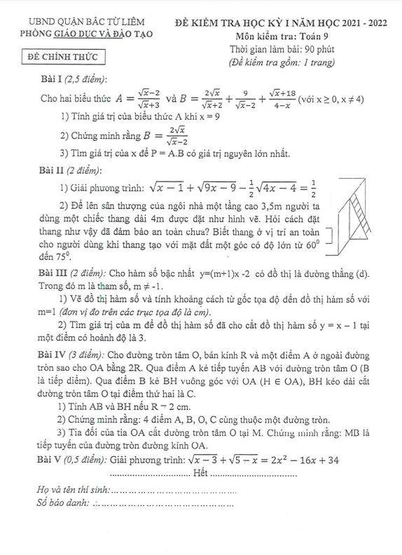 Đề thi học kì 1 (HK1) lớp 9 môn Toán năm 2021 2022 phòng GD ĐT Bắc Từ Liêm Hà Nội