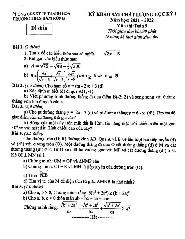 Đề thi học kì 1 (HK1) lớp 9 môn Toán năm 2021 2022 trường THCS Hàm Rồng Thanh Hóa