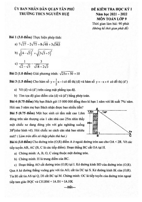 Đề thi học kì 1 (HK1) lớp 9 môn Toán năm 2021 2022 trường THCS Nguyễn Huệ TP HCM