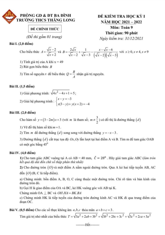 Đề thi học kì 1 (HK1) lớp 9 môn Toán năm 2021 2022 trường THCS Thăng Long Hà Nội