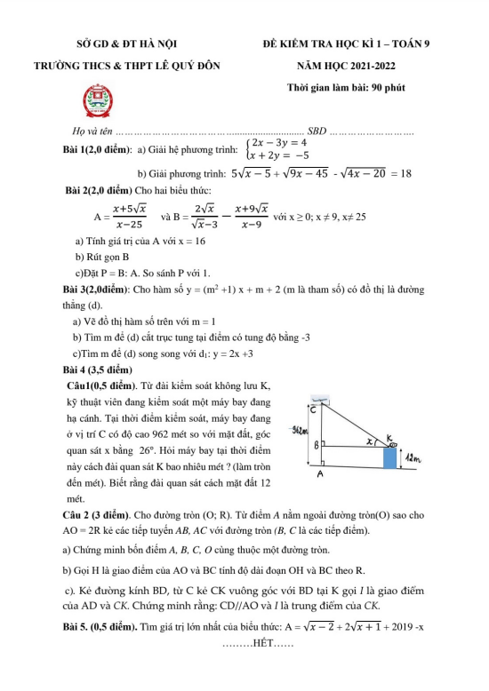 Đề thi học kì 1 (HK1) lớp 9 môn Toán năm 2021 2022 trường THCS THPT Lê Quý Đôn Hà Nội
