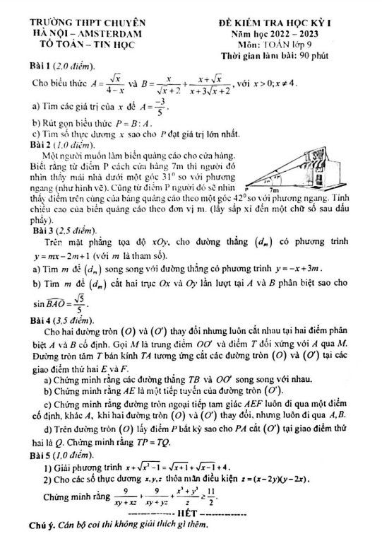 Đề thi học kì 1 (HK1) lớp 9 môn Toán năm 2022 2023 trường THPT chuyên Hà Nội Amsterdam