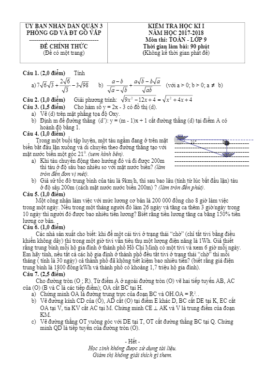 Đề thi học kì 1 (HK1) lớp 9 môn Toán năm học 2017 2018 phòng GD và ĐT Gò Vấp TP. HCM