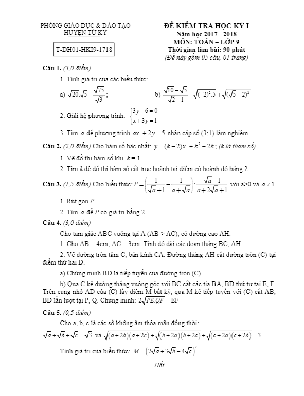 Đề thi học kì 1 (HK1) lớp 9 môn Toán năm học 2017 2018 phòng GD và ĐT Tứ Kỳ Hải Dương