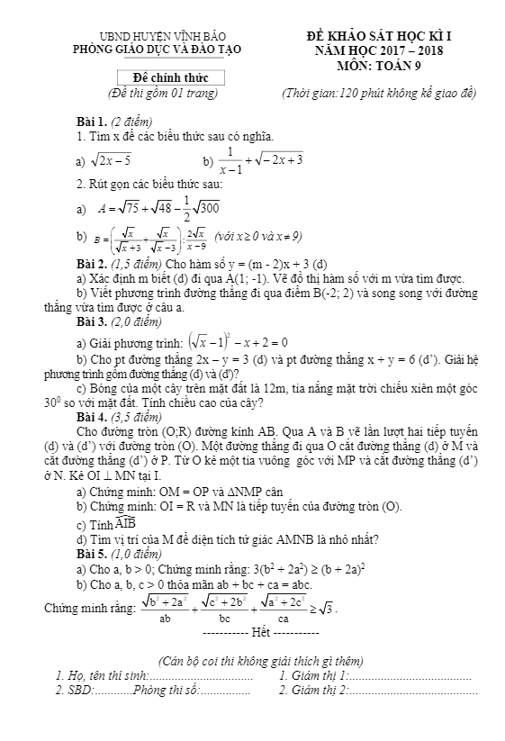 Đề thi học kì 1 (HK1) lớp 9 môn Toán năm học 2017 2018 phòng GD và ĐT Vĩnh Bảo Hải Phòng