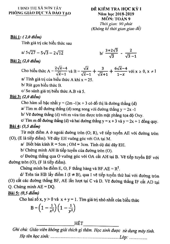Đề thi học kì 1 (HK1) lớp 9 môn Toán năm học 2018 2019 phòng GD và ĐT Sơn Tây Hà Nội