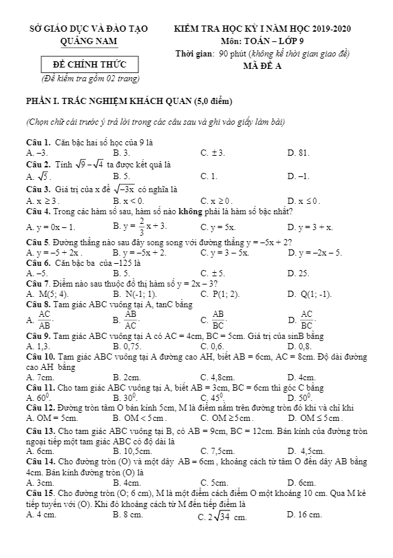 Đề thi học kì 1 (HK1) lớp 9 môn Toán năm học 2019 2020 sở GD ĐT Quảng Nam