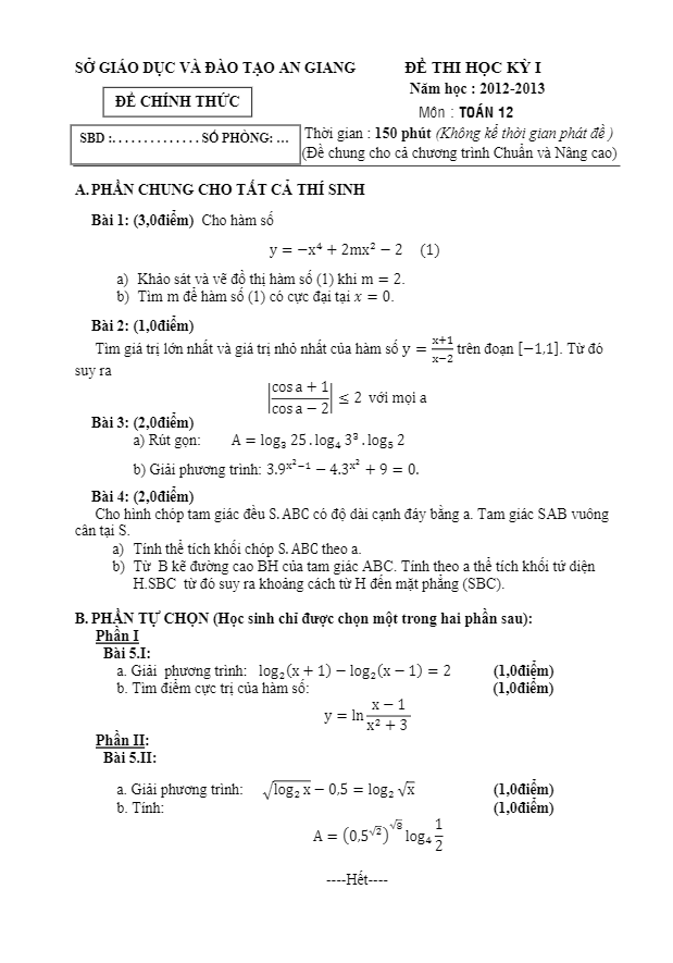 Đề thi học kì 1 (HK1) Sở GD và ĐT tỉnh An Giang 2012 2013