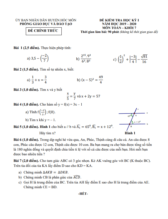Đề thi học kì 1 (HK1) Toán 7 năm 2019 2020 phòng GD ĐT Hóc Môn TP HCM
