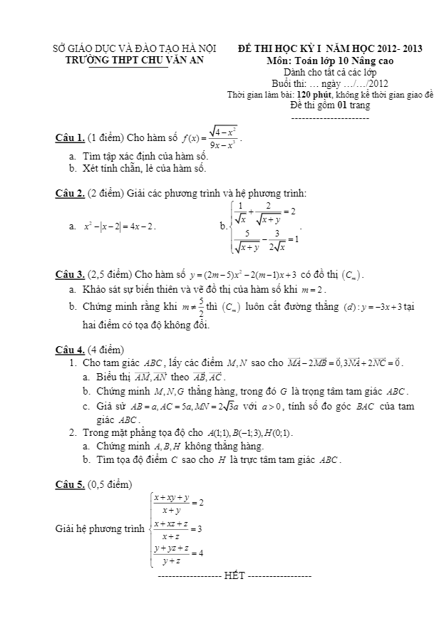 Đề thi học kì 1 (HK1) trường Chu Văn An Hà Nội 2012 2013