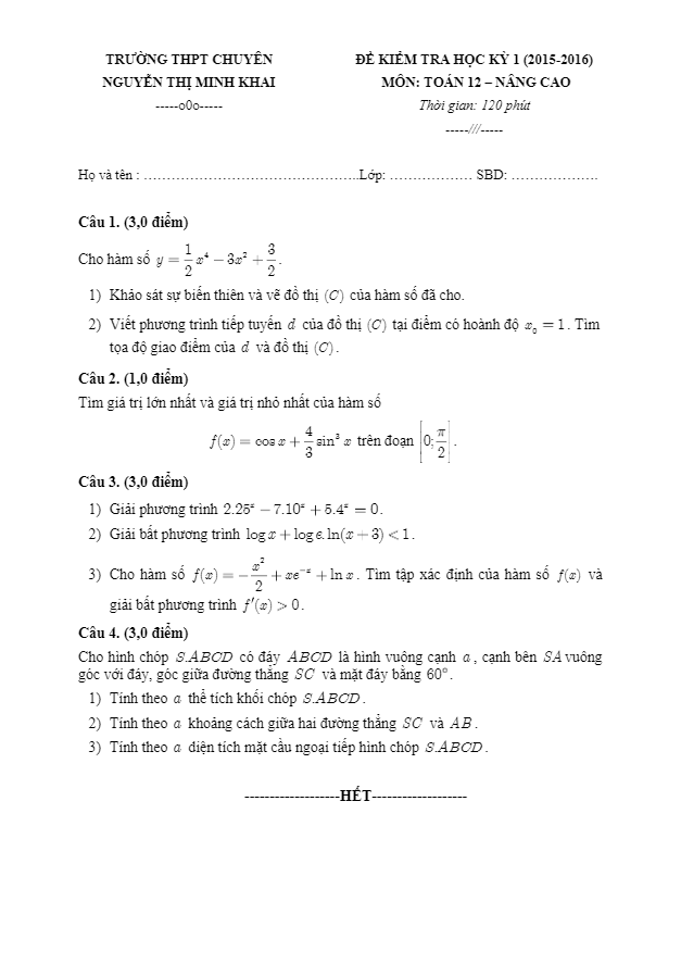Đề thi học kì 1 (HK1) trường chuyên Nguyễn Thị Minh Khai Sóc Trăng