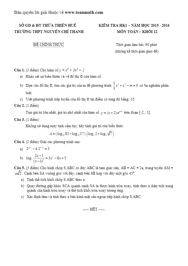 Đề thi học kì 1 (HK1) trường THPT Nguyễn Chí Thanh Thừa Thiên Huế