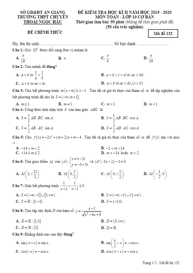 Đề thi học kì 2 (HK2) lớp 10 môn Toán CB năm 2019 2020 trường chuyên Thoại Ngọc Hầu An Giang