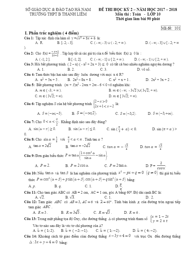 Đề thi học kì 2 (HK2) lớp 10 môn Toán năm 2017 2018 trường THPT B Thanh Liêm Hà Nam
