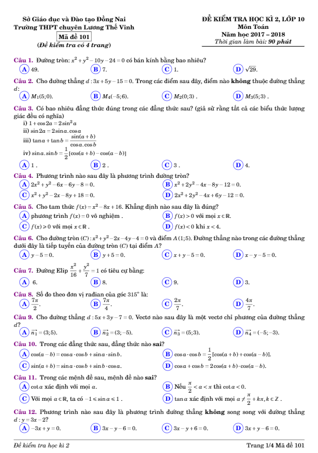 Đề thi học kì 2 (HK2) lớp 10 môn Toán năm 2017 2018 trường THPT chuyên Lương Thế Vinh Đồng Nai