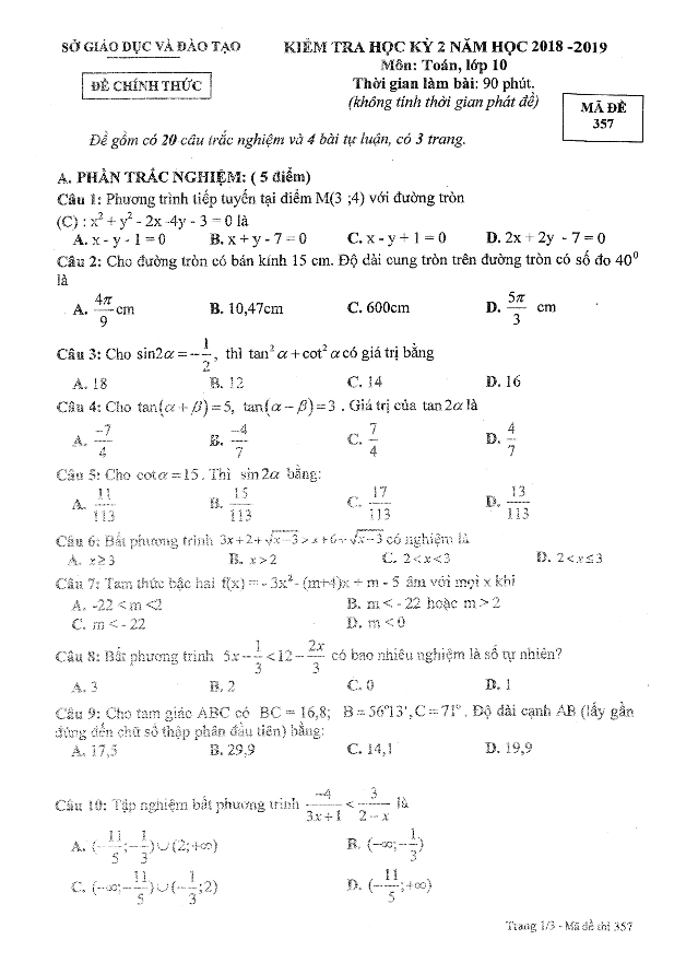 Đề thi học kì 2 (HK2) lớp 10 môn Toán năm 2018 2019 sở GD ĐT Bình Dương
