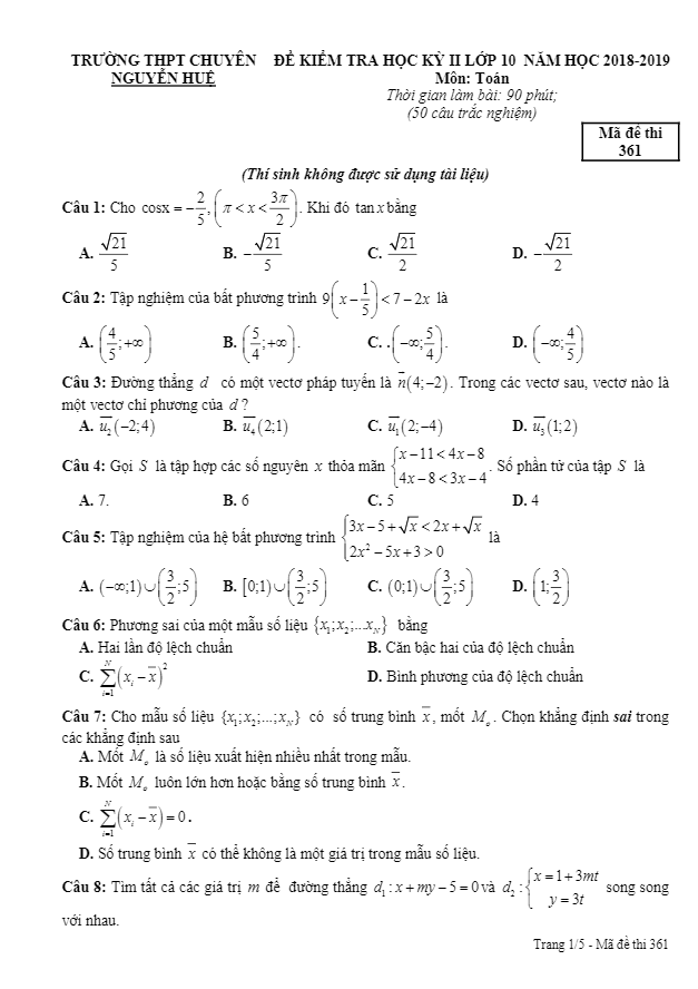 Đề thi học kì 2 (HK2) lớp 10 môn Toán năm 2018 2019 trường chuyên Nguyễn Huệ Hà Nội