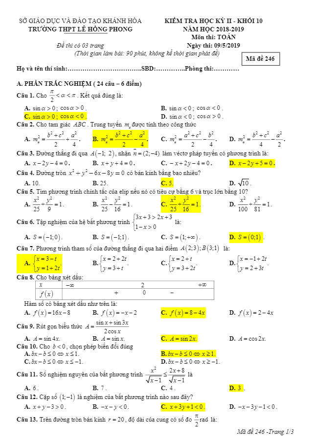 Đề thi học kì 2 (HK2) lớp 10 môn Toán năm 2018 2019 trường Lê Hồng Phong Khánh Hòa
