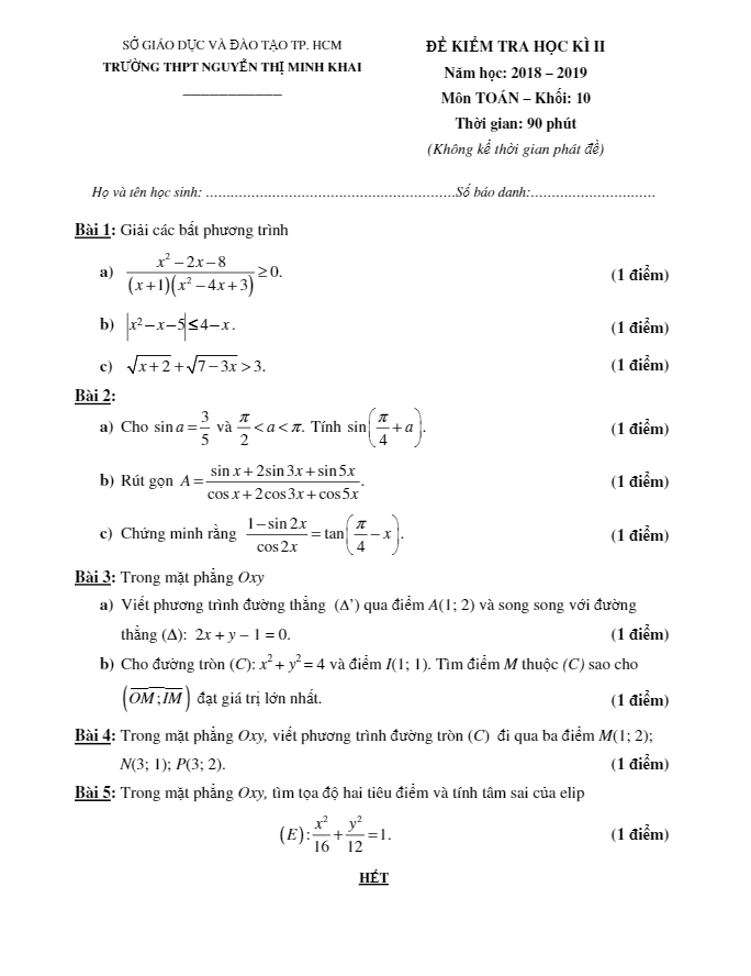 Đề thi học kì 2 (HK2) lớp 10 môn Toán năm 2018 2019 trường Nguyễn Thị Minh Khai TP HCM
