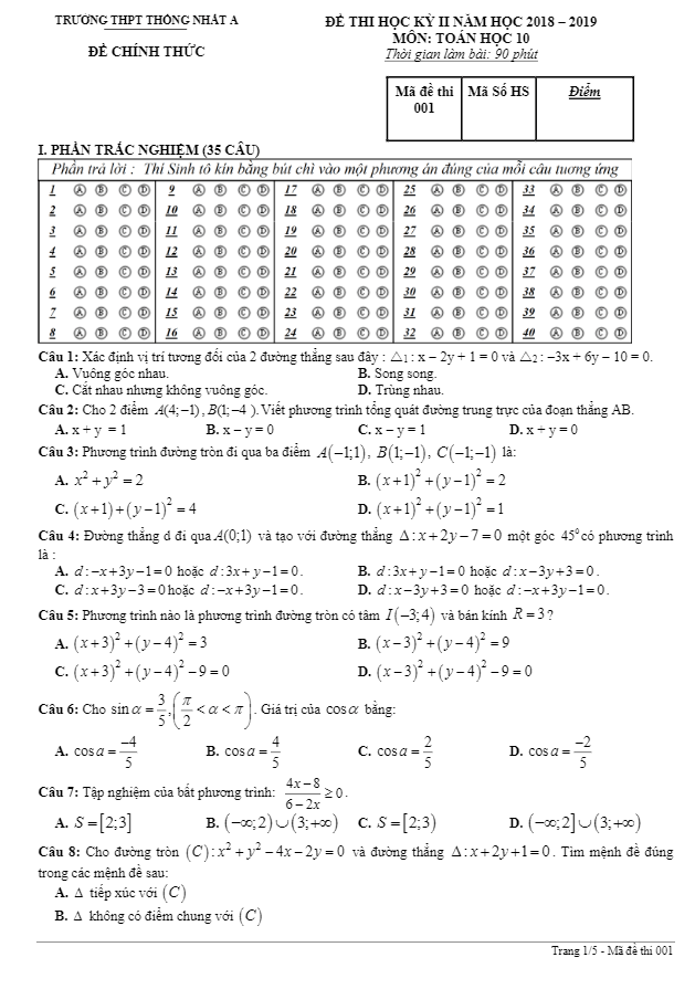 Đề thi học kì 2 (HK2) lớp 10 môn Toán năm 2018 2019 trường Thống Nhất A Đồng Nai