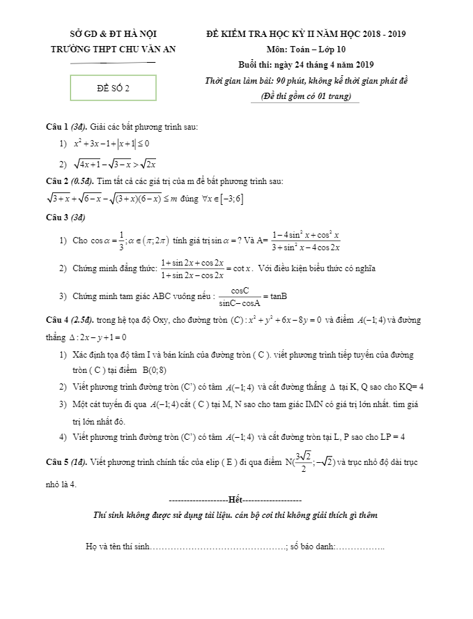 Đề thi học kì 2 (HK2) lớp 10 môn Toán năm 2018 2019 trường THPT Chu Văn An Hà Nội