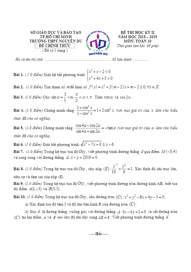Đề thi học kì 2 (HK2) lớp 10 môn Toán năm 2018 2019 trường THPT Nguyễn Du TP HCM