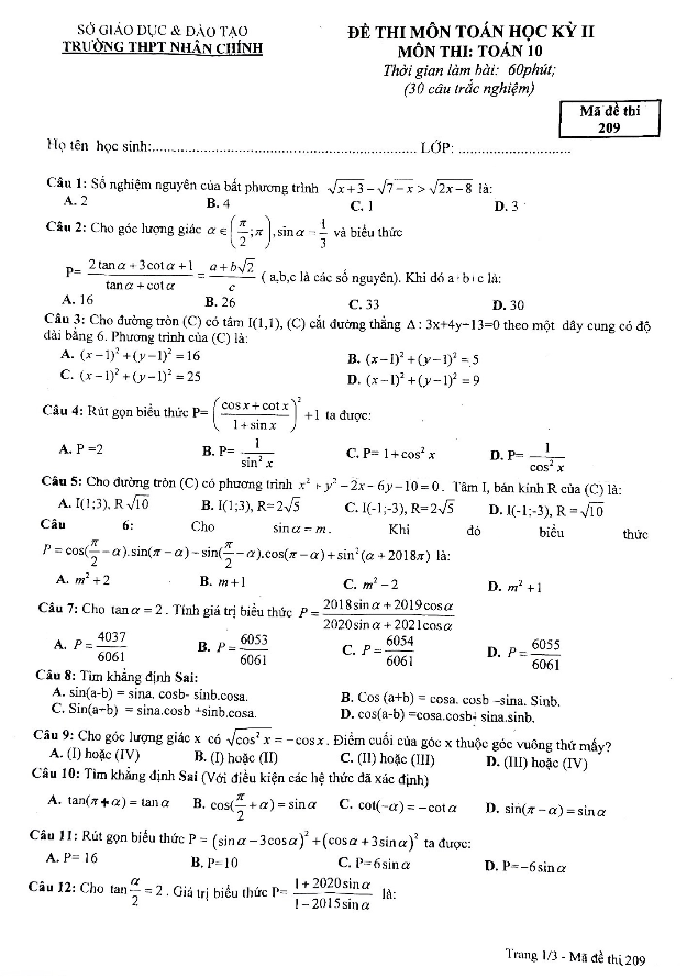 Đề thi học kì 2 (HK2) lớp 10 môn Toán năm 2018 2019 trường THPT Nhân Chính Hà Nội