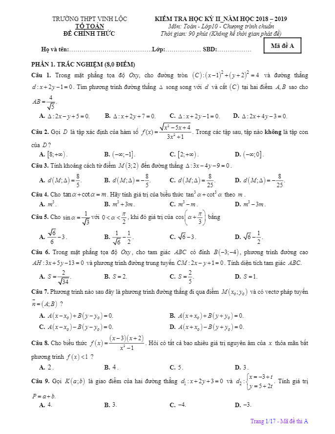 Đề thi học kì 2 (HK2) lớp 10 môn Toán năm 2018 2019 trường THPT Vinh Lộc TT Huế