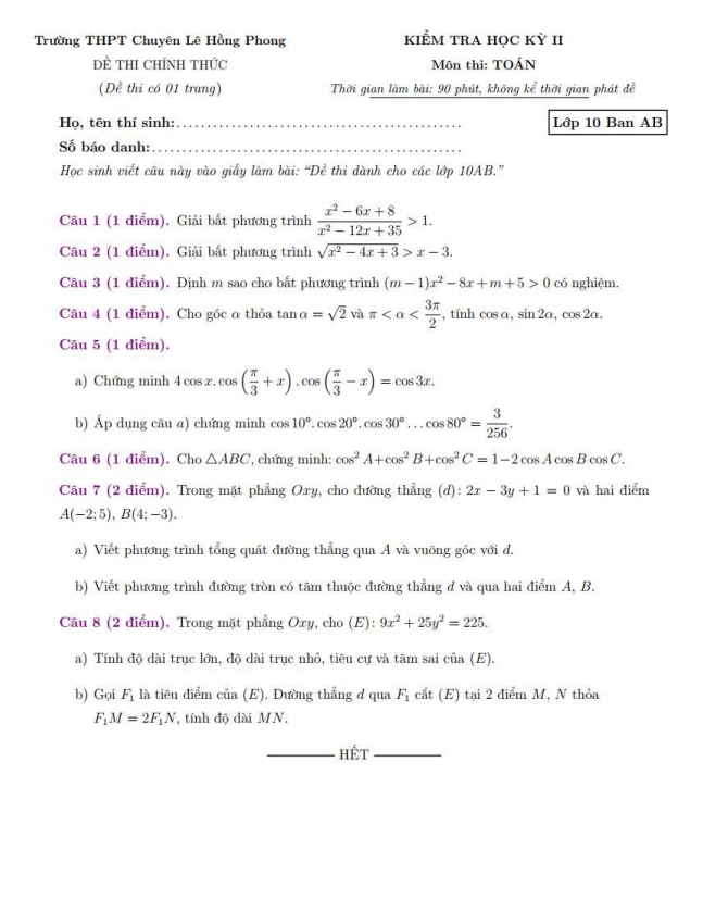 Đề thi học kì 2 (HK2) lớp 10 môn Toán năm 2019 2020 trường chuyên Lê Hồng Phong TP HCM