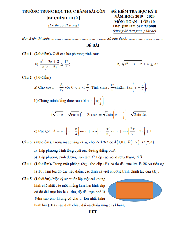 Đề thi học kì 2 (HK2) lớp 10 môn Toán năm 2019 2020 trường TH Thực hành Sài Gòn TP HCM