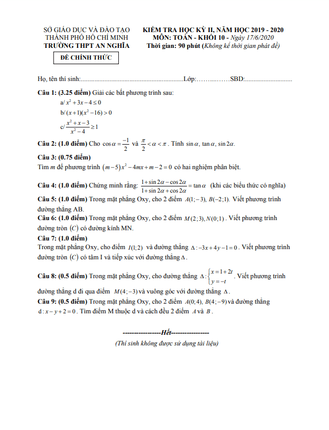 Đề thi học kì 2 (HK2) lớp 10 môn Toán năm 2019 2020 trường THPT An Nghĩa TP HCM