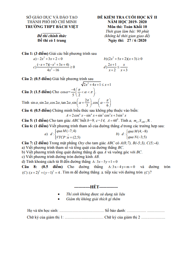 Đề thi học kì 2 (HK2) lớp 10 môn Toán năm 2019 2020 trường THPT Bách Việt TP HCM