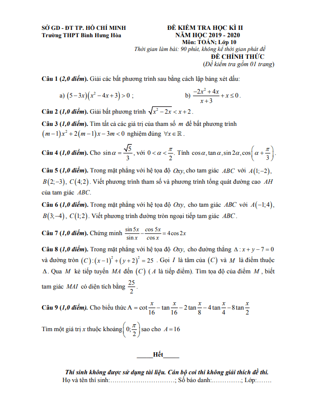 Đề thi học kì 2 (HK2) lớp 10 môn Toán năm 2019 2020 trường THPT Bình Hưng Hòa TP HCM