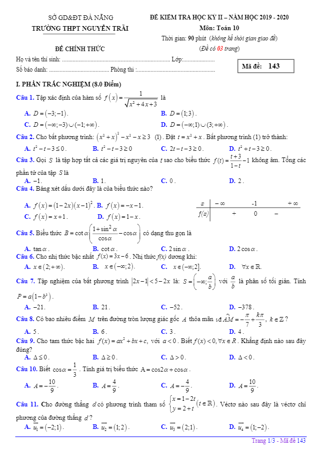 Đề thi học kì 2 (HK2) lớp 10 môn Toán năm 2019 2020 trường THPT Nguyễn Trãi Đà Nẵng