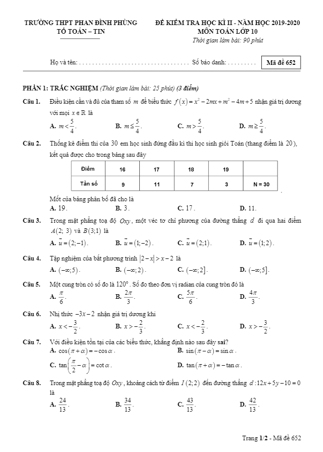 Đề thi học kì 2 (HK2) lớp 10 môn Toán năm 2019 2020 trường THPT Phan Đình Phùng Hà Nội
