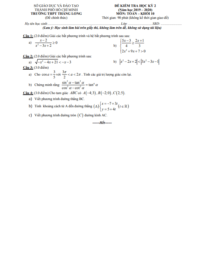 Đề thi học kì 2 (HK2) lớp 10 môn Toán năm 2019 2020 trường THPT Thăng Long TP HCM