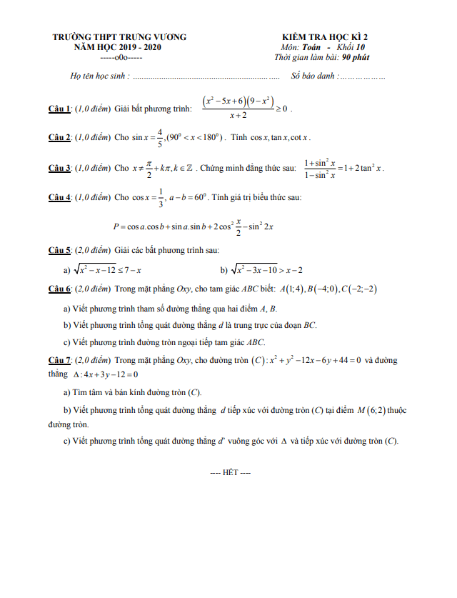Đề thi học kì 2 (HK2) lớp 10 môn Toán năm 2019 2020 trường THPT Trưng Vương TP HCM