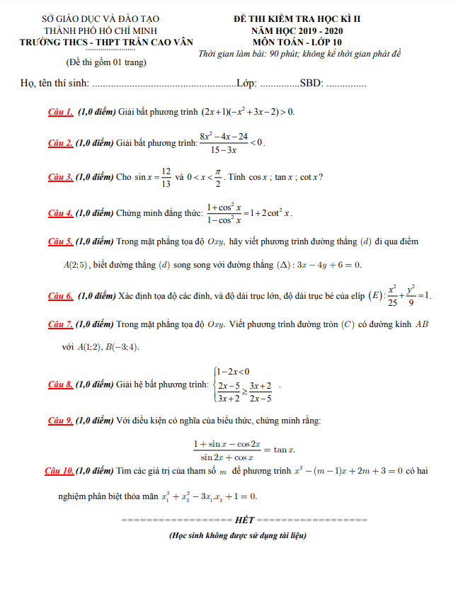 Đề thi học kì 2 (HK2) lớp 10 môn Toán năm 2019 2020 trường Trần Cao Vân TP HCM