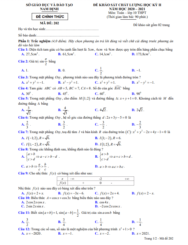 Đề thi học kì 2 (HK2) lớp 10 môn Toán năm 2020 2021 sở GD ĐT Nam Định