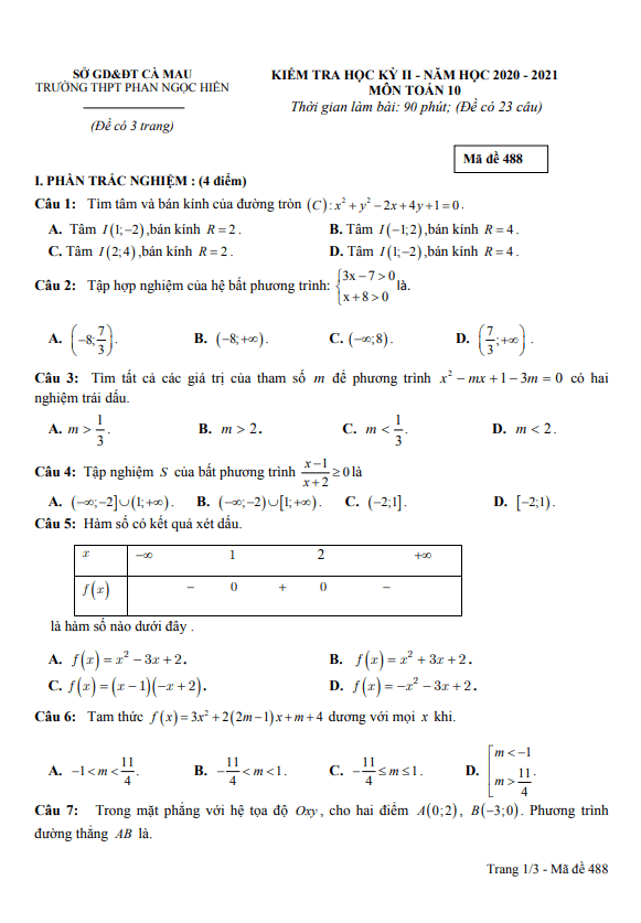 Đề thi học kì 2 (HK2) lớp 10 môn Toán năm 2020 2021 trường Phan Ngọc Hiển Cà Mau