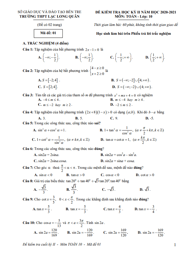 Đề thi học kì 2 (HK2) lớp 10 môn Toán năm 2020 2021 trường THPT Lạc Long Quân Bến Tre