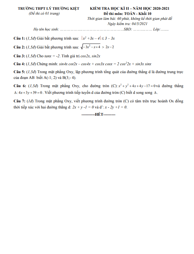 Đề thi học kì 2 (HK2) lớp 10 môn Toán năm 2020 2021 trường THPT Lý Thường Kiệt TP HCM