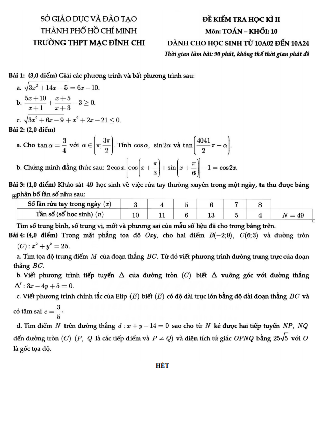 Đề thi học kì 2 (HK2) lớp 10 môn Toán năm 2020 2021 trường THPT Mạc Đĩnh Chi TP HCM