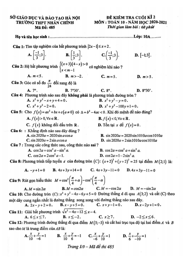 Đề thi học kì 2 (HK2) lớp 10 môn Toán năm 2020 2021 trường THPT Nhân Chính Hà Nội