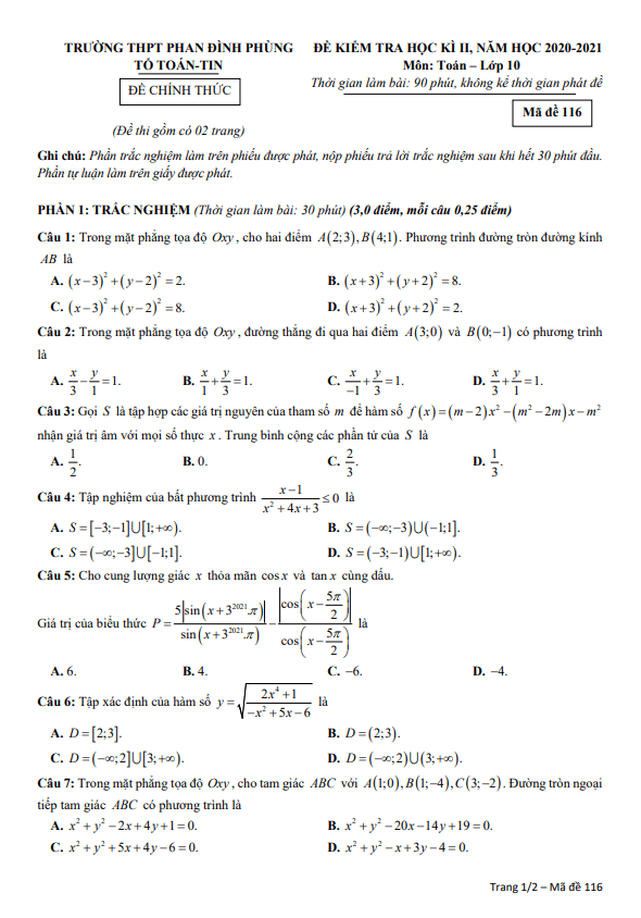 Đề thi học kì 2 (HK2) lớp 10 môn Toán năm 2020 2021 trường THPT Phan Đình Phùng Hà Nội