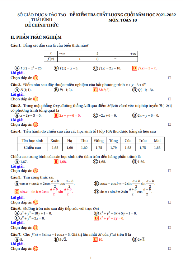 Đề thi học kì 2 (HK2) lớp 10 môn Toán năm 2021 2022 sở GD ĐT Thái Bình