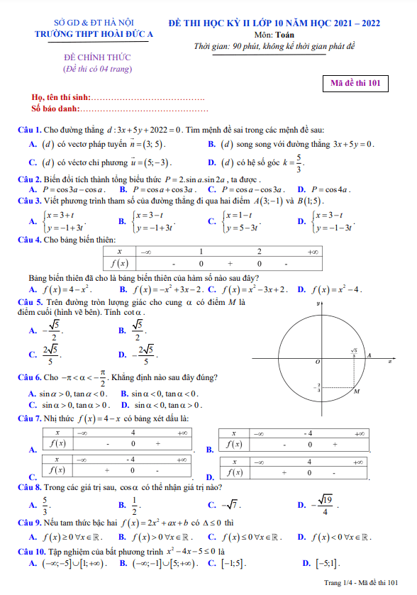 Đề thi học kì 2 (HK2) lớp 10 môn Toán năm 2021 2022 trường THPT Hoài Đức A Hà Nội