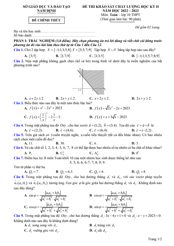Đề thi học kì 2 (HK2) lớp 10 môn Toán năm 2022 2023 sở GD ĐT Nam Định