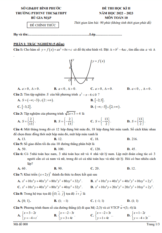 Đề thi học kì 2 (HK2) lớp 10 môn Toán năm 2022 2023 trường Bù Gia Mập Bình Phước
