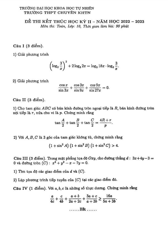 Đề thi học kì 2 (HK2) lớp 10 môn Toán năm 2022 2023 trường chuyên KHTN Hà Nội